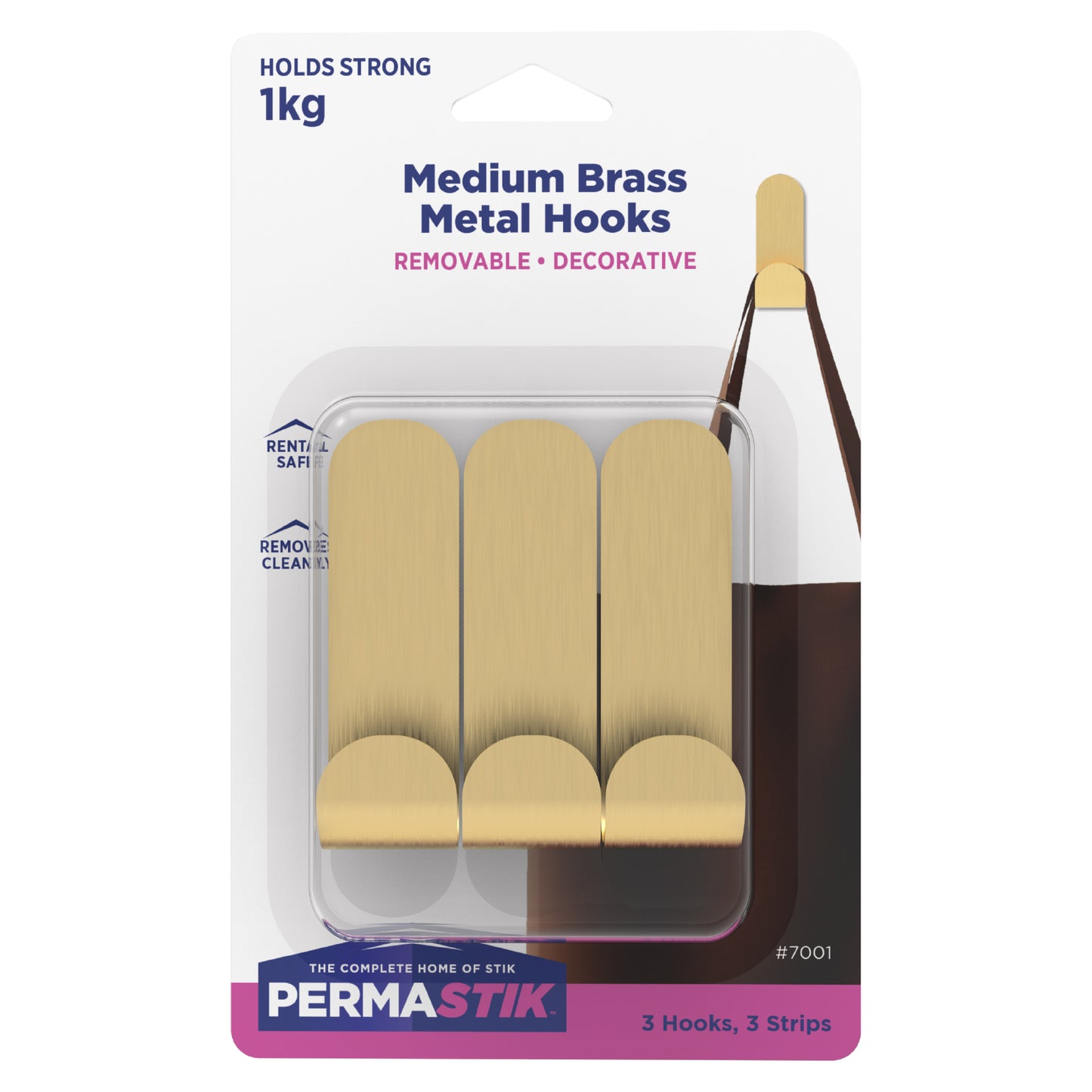 Medium Brass Metal Hooks - 3 Pack