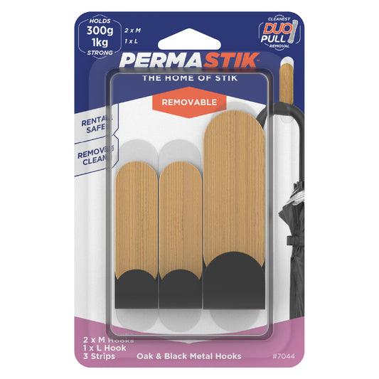 Oak & Black Metal Hooks - 3 Pack