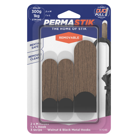 Walnut & Black Metal Hooks - 3 Pack