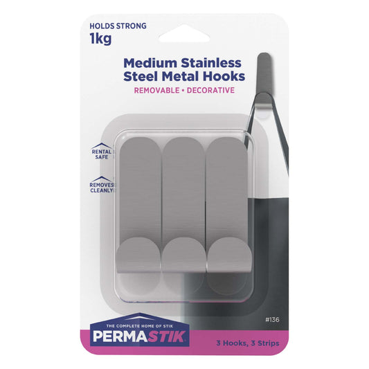Medium Stainless Steel Metal Hooks - 3 Pack