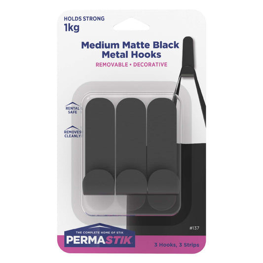 Medium Matte Black Metal Hooks - 3 Pack