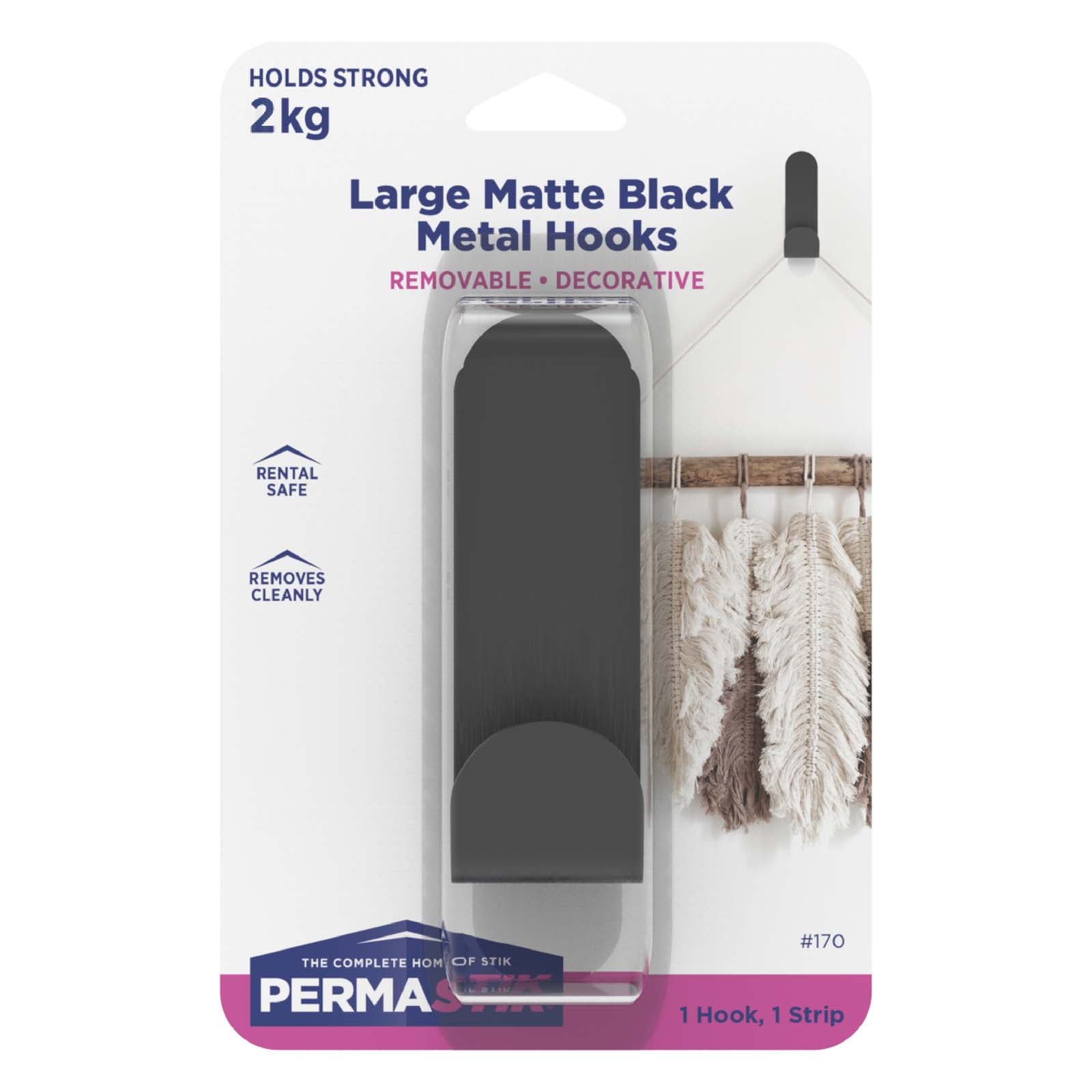 Permastik Large Removable Modern Hooks, Holds 3.3 lbs Each, 6 Count, Matte Black